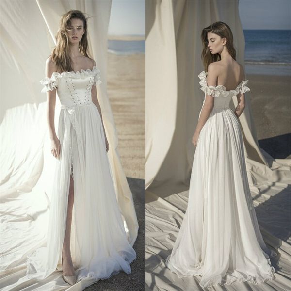 

vintage wedding dresses off-shoulder sleeveless backless a-line boho bridal dress high-split satin sweep train beach robes de mariÃ©e, White