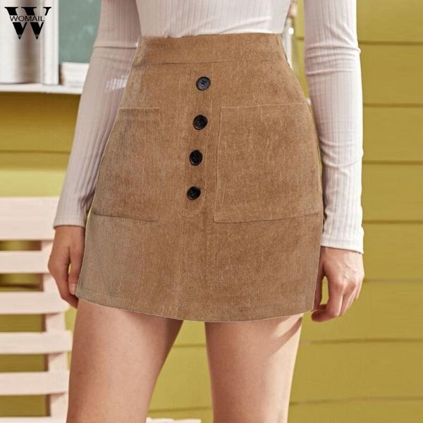 

womail skirt women 2020 corduroy skirts solid a-line high waist bodycon button skirt mini short school party club p0, Black