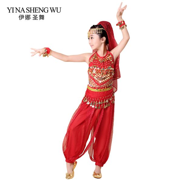 

new children belly dance 5pcs(pants+waist chain+bracelet+headdress) dance clothes girls belly bollywood costume, Black;red