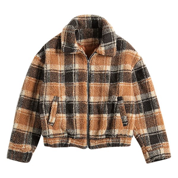 

langstar casual plaid zipper fleece jacket women pocket thick warm woolen coat autumn winter soft outwear short jackets female, Black;brown
