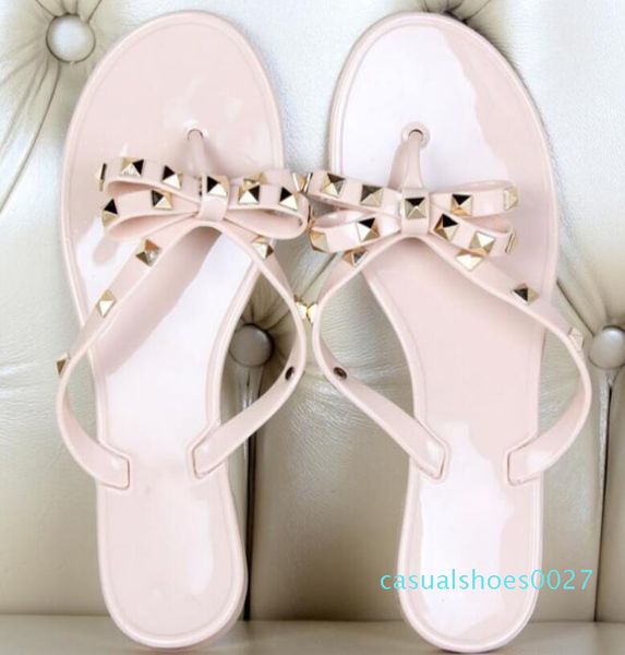 

новый бренд новые летние женщины вьетнамки тапочки плоские сандалии лук заклепки вьетнамки мода пвх кристалл тапочки пляжная обувь c27, Black