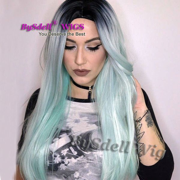 Long Straight Black Root Ombre Mint Green Color Hair Wig Two Tone