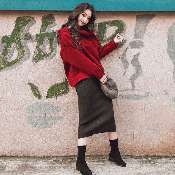 

2020 новых женщин способа два кусок набор осень и зима красной шерстяной с капюшоном пальто + вяжет юбку, Gray