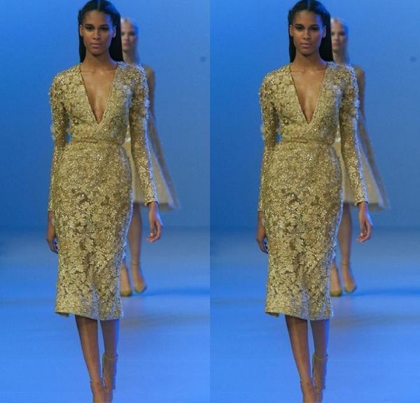 

daffodil tea-length sparkly lace evening cocktail dresses with long sleeve 2019 elie saab v-neck short sequins applique evening gown, Black;red