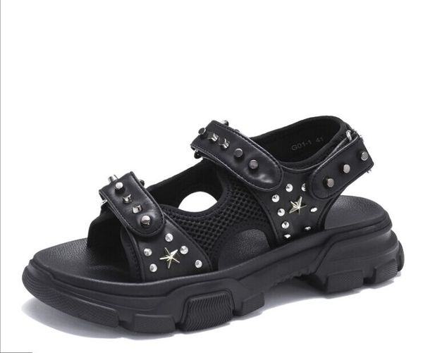 

new list sports sandals men's genuine leather platform increased anti-skid rivet roman beach tide shoes, Black