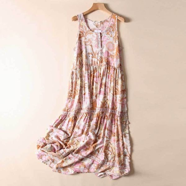 

boho inspired maxi dress sleeveless crew neck buttons summer dresses cream floral print 2020 new dress for women causal gypsy, Black;gray
