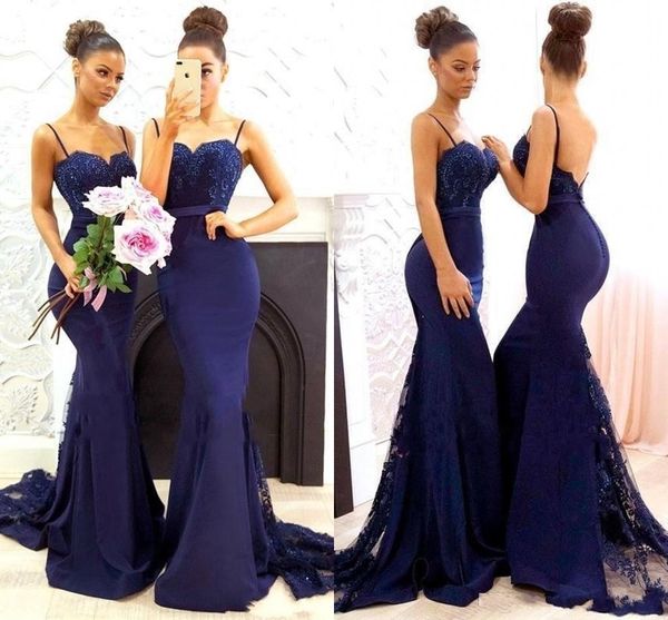 Azul marinho cintas de espaguete Satin Mermaid longos vestidos da dama Lace Applique do convidado do casamento da madrinha de casamento vestidos BA7878