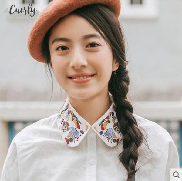 

vintage fashion bead cap sleeve shirt fake collar white sweet temperament collar refined wild printing embroidery decorative