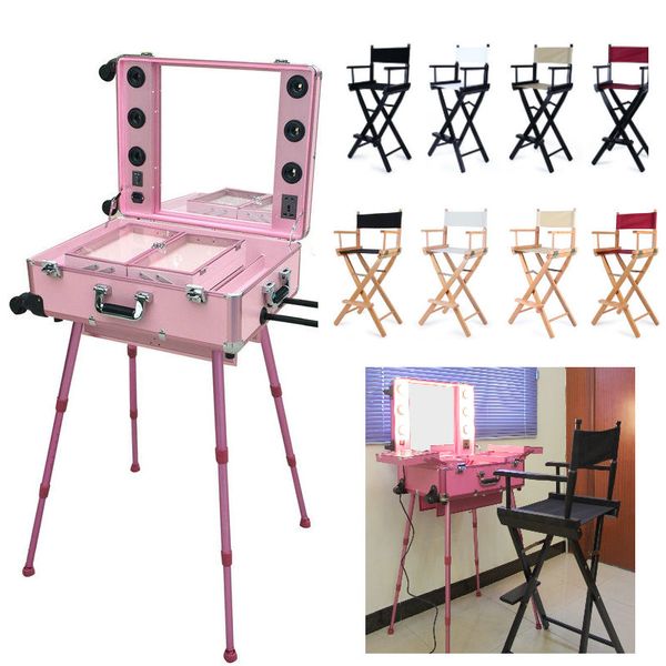 

профессиональная косметичка с подсветкой и стульями для парикмахерских, кресло для макияжа алюминиевый пляжный стул 8 цветов, набор из 2 шту