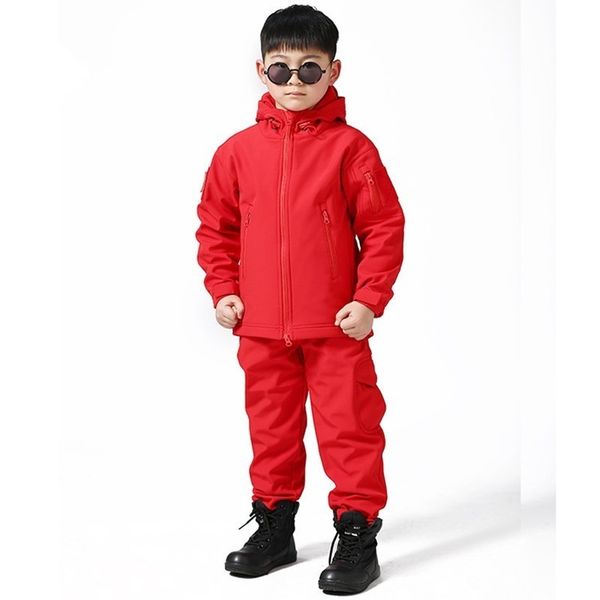 

children winter windproof fleece coat pants set kid outdoor riding climbing fishing waterproof warm camo tactical jacket trouser outdoor jac, Blue;black