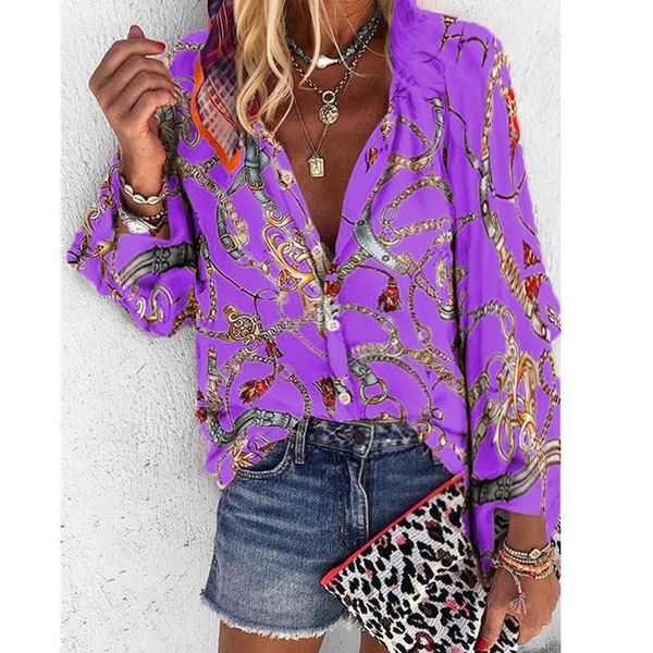

chain printed womens designer shirts fashion plus size long sleeve blouses casual single breasted womens, White