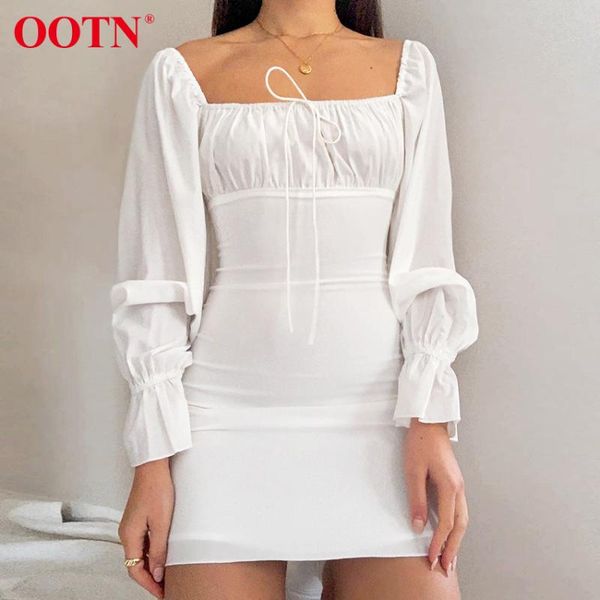 

ootn summer sundress flare sleeve ruched square neck dress white women elegant slim pencil mini dress vacation beach casual, Black;gray