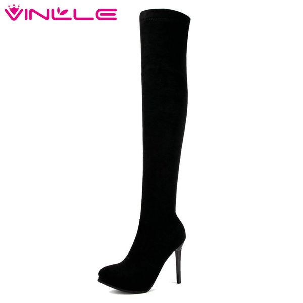 

vinlle 2019 women shoes over the knee boots platform high heel elegant fashion pointed toe ladies motorcycle shoes size 34-43, Black