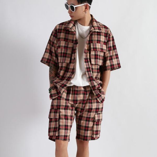 

fashion lattice shirt men short sleeve shirt and pants set teenage korean loose mens personality stage singer dance b634, White;black