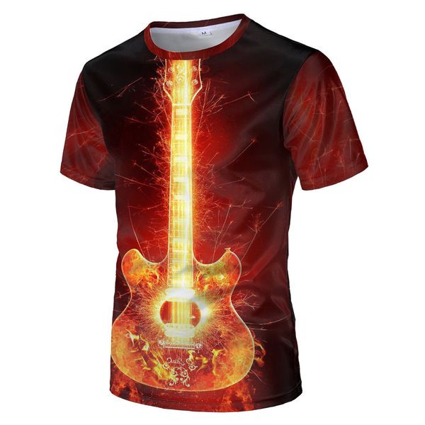 

mensfire guitar 3d digital printing round collar short sleeve t-shirt, White;black