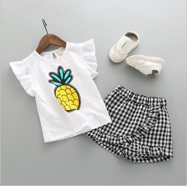 

summer baby girls sets 2pcs cotton cartoon printed tshirt +plaid skirt trousers girls outfits baby tracksuit kids boutique clothing, White