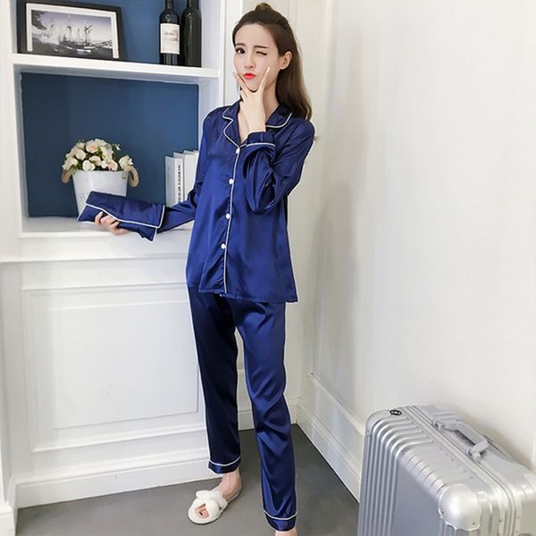 

2019 autumn and winter new women's pajamas silk long shirt female pajamas suit trousers women's paj, Black;red