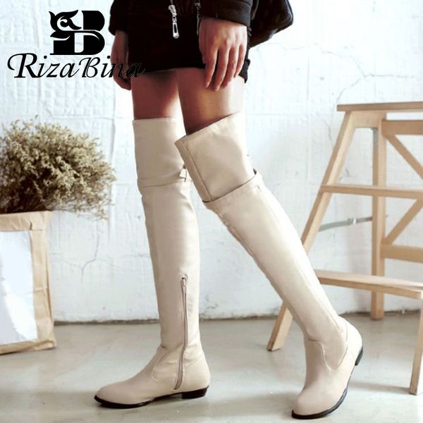 

rizabina plus size 34-48 women flats boots keep warm fur zipper round toe women over the knee boots fashion shoes, Black