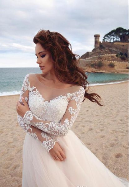 

elegant lace appliques a-line wedding dresses 2020 sheer scoop long sleeves tulle boho wedding gowns vestido de novia beach wedding dresses, White