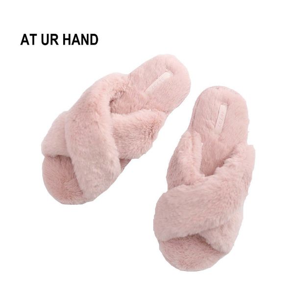 

at ur hand women winter slides indoors slippers plush faux fur home slippers ladies cross soft plush furry female open toe shoes, Black