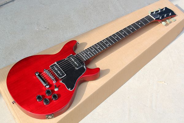 Chitarra elettrica rossa personalizzata di fabbrica con intarsio di tasti a punti, battipenna nero, hardware cromato, tastiera in palissandro, offerta personalizzata