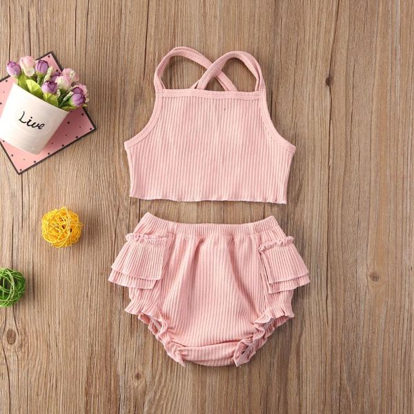 

2020 solid color toddler kid baby girl summer sling shirt short pants outfit set clothes 0-24months, White