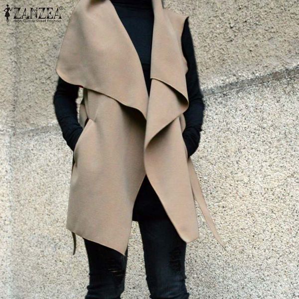 

zanzea 2019 women sleeveless vests cardigan coats casual open front solid feminino pockets waistband blazers waistcoat jackets, Black;white