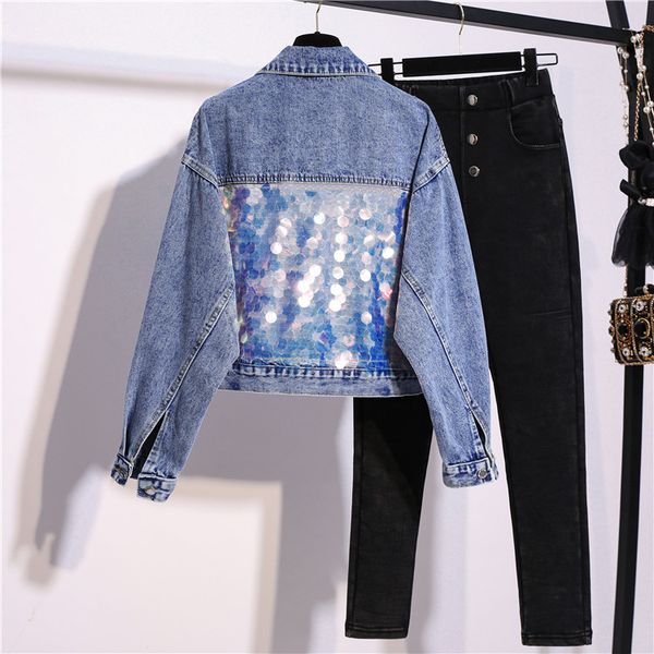 

the new female sequined jacket denim jacket, Black;brown