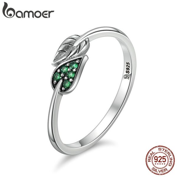 

bamoer 100% 925 sterling silver dancing leaves leaf green dazzling cz finger rings for women engagement jewelry anel gift scr093