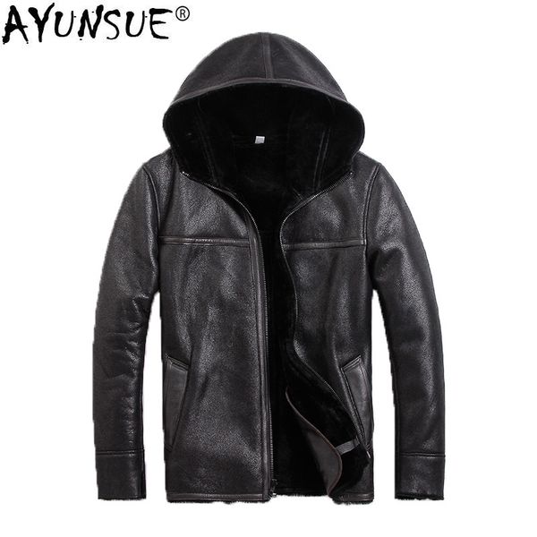 

ayunsue genuine leather jacket men warm winter coat sheep shearling plus size vintage jacket sheepskin leather coats kj2913, Black