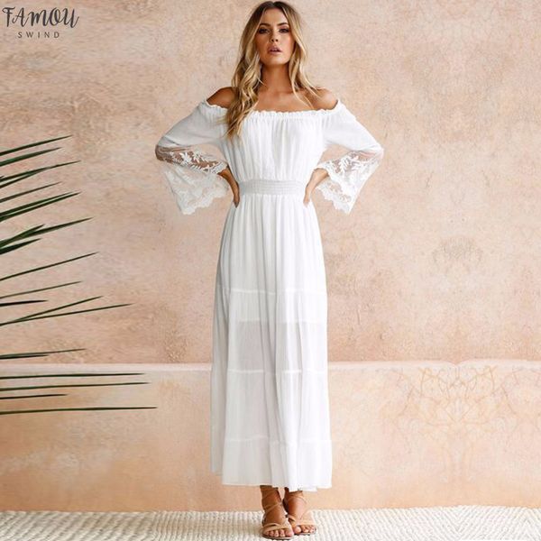 

summer sundress long women white beach dress strapless long sleeve loose off shoulder lace boho cotton maxi dress, Black;gray