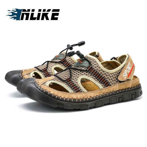 

genuine leather men summer sandals vintage style male casual beach shoes, Black