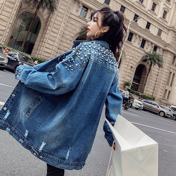 

yocalor fashion loose beading hole washed denim jeans jacket women chaqueta mujer streetwear autumn long coat female embellished, Black;brown