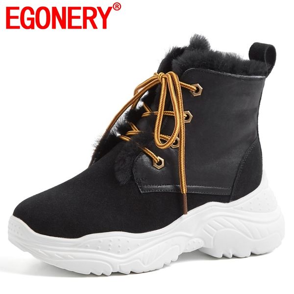 

egonery women shoes 2019 witer new concise casual plush warm snow boots high wedges platform cross-tied round toe ankle boots, Black