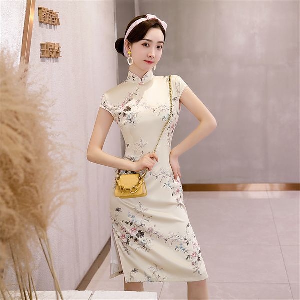 

satin plus size 3xl 4xl short sleeve cheongsam female chinese style qipao elegant print flower high split evening party dress, Red