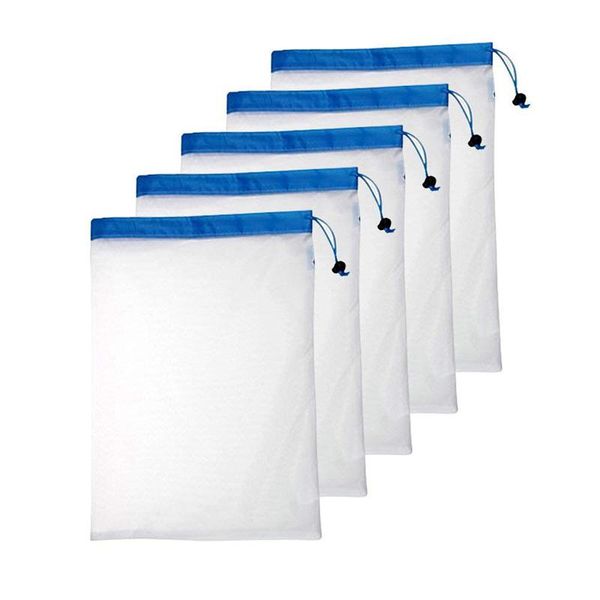 

5pcs/set polyester washable reusable produce bags, eco-friendly soft lightweight vegetable drawstring storage net bag