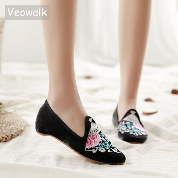 

veowalk pointed toe women cotton embroidered ballet flats peony fan embroidery retro ladies soft comfort slip on ballerina shoes, Black