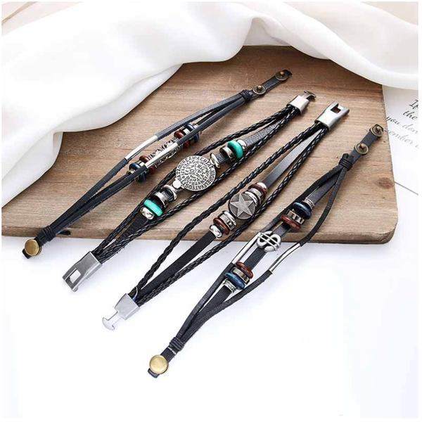

classic vintage leaf skull eyes multilayer leather bracelet men fashion braided star rope bangles for male women jewelry gift, Golden;silver