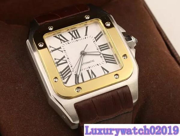 

2019 new brand men two tone 100 xl watch automatic mechanical watch brown leather gold case men s sports leather clasp wristwatches, Slivery;brown