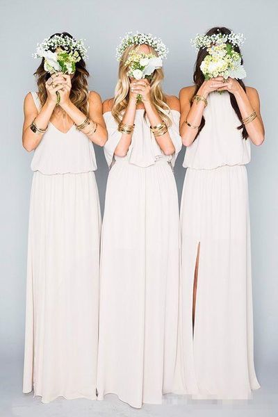 

2020 summer boho beach bridesmaid dresses chiffon front side slit split off shouder halter v neck maid of honor gown, White;pink