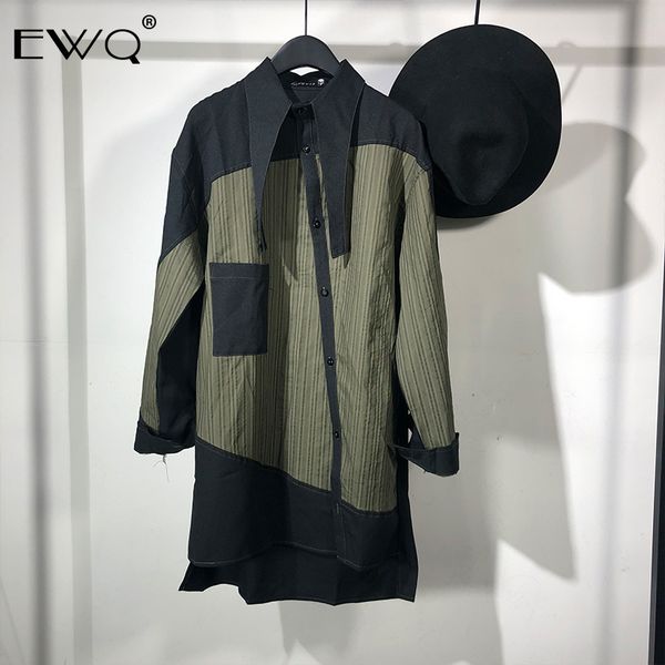 

ewq / 2020 new men's clothing design personality hit color patchwork irregular shirt streetweart casual long shirt male 9y380, White;black