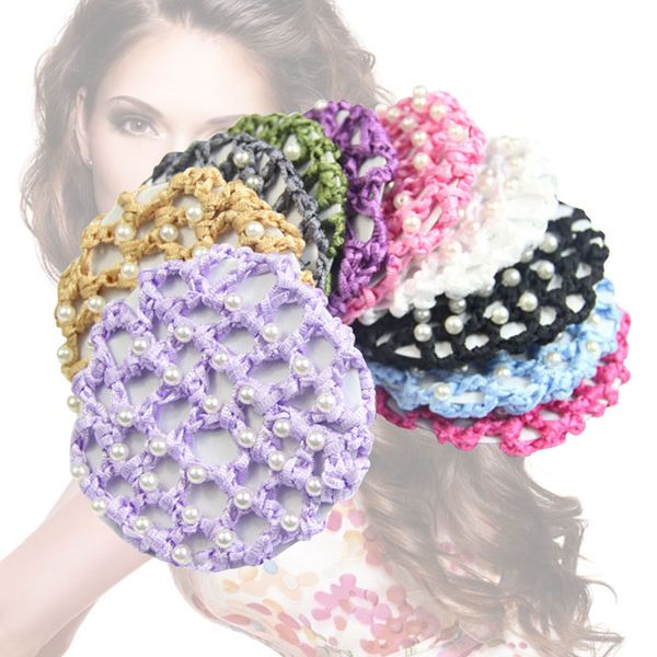 

5pcs hair snood crochet elastic pearl handmade elegant snood headdress hairnet hair net for dance performance ballet work, Brown