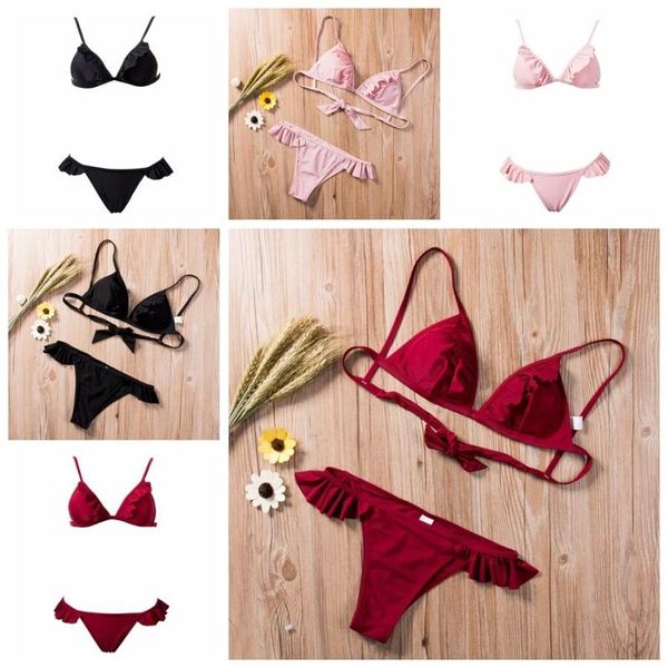 

summer new womens padded push-up bikini set ruffles bandage solid swimsuit bathing suit lace up swimwear beachwear