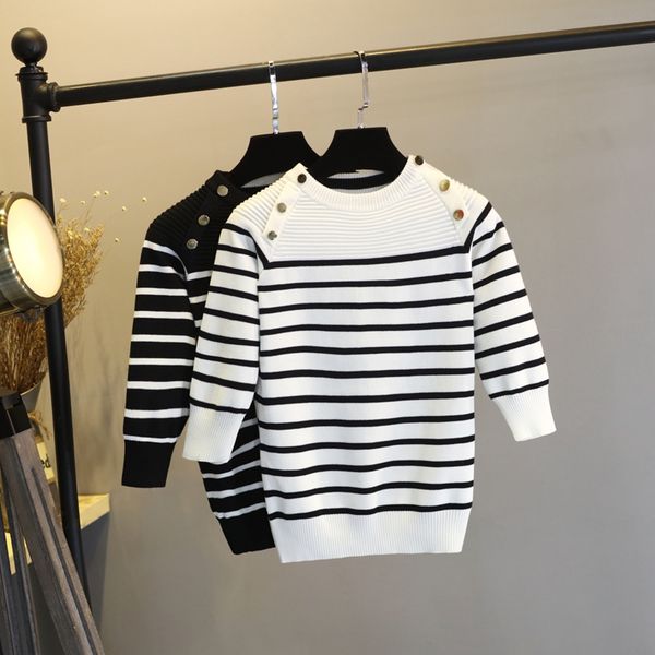 

bygouby striped women pullover sweater spring autumn half sleeves female europe style outwear knitted sweater, White;black