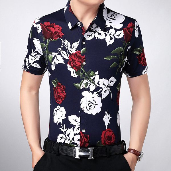 

men's casual shirts c-18028 exquisite rose pattern printing fashion short sleeve shirt summer quality soft comfortable smooth men -3xl, White;black