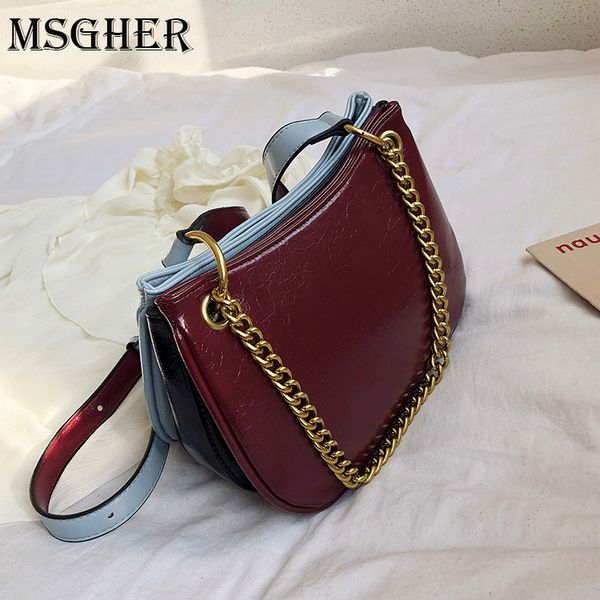 

msgher contrast color chain tote bag 2020 vintage pu leather women's handbag casual shoulder messenger bag and purse