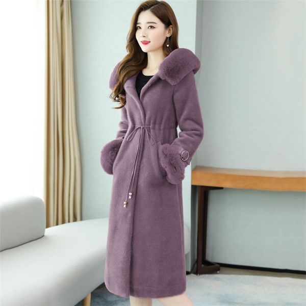 

2020 office ladies winter outerwear long faux fur coat women maxi overcoat fur collar hoody drawstring waist fluffy jacket, Black