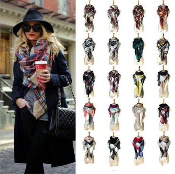 

40 colors women plaid scarves grid tassel wrap oversized check shawl winter neckerchief lattice triangle blanket scarf cca11218 12pcs, Blue;gray