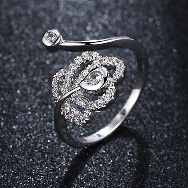 

chukui stylish heart-shaped leaf zircon open ring with peacock feather ring women fashion jewelry drop shipping, Silver