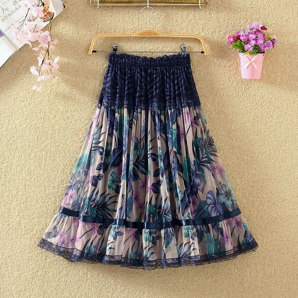 

vintage skirt women saia casual chiffon lace pleated skirt elegant knee-length floral print high waist women faldas q1563, Black